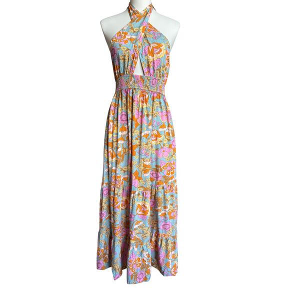 zesica Dresses & Skirts - Floral Halter Maxi Dress in Orange & Pink